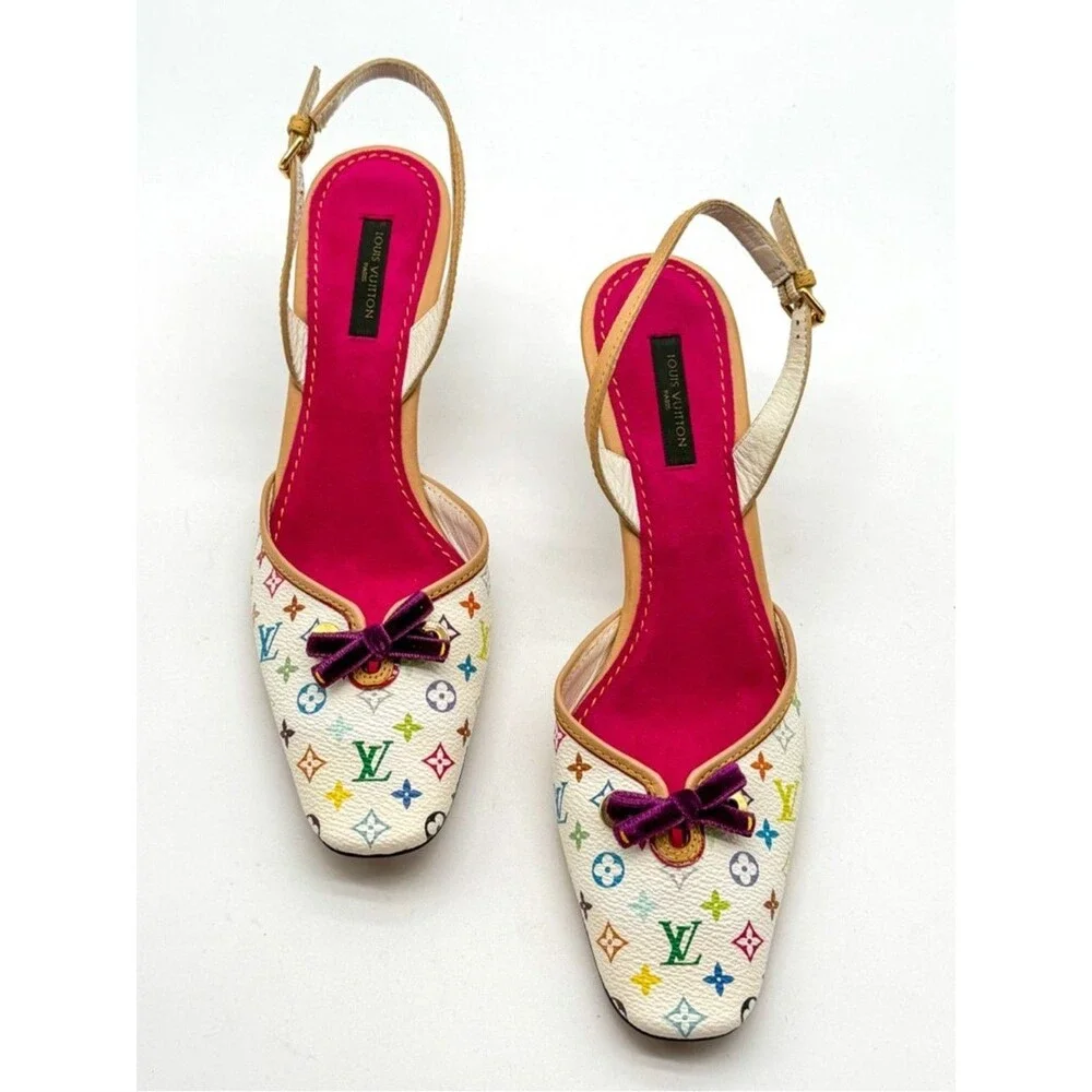Louis Vuitton Takashi Murakami Vintage White Monogram Slingback Heels EU 38 US 8